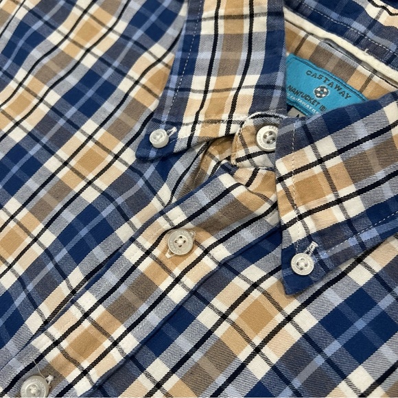 Castaway Nantucket Island Mens Tan/Blue Plaid Long-Sleeve Button-Up Shirt Medium - Picture 1 of 16